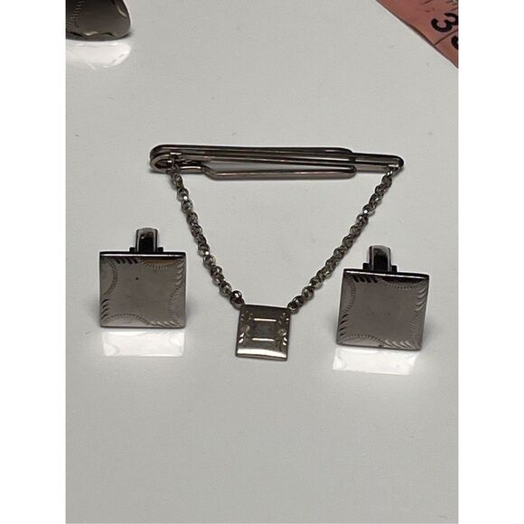 Vintage Engraved Sterling Silver Cuff Links & Tie Bar Hallmarked - Picture 1 of 12
